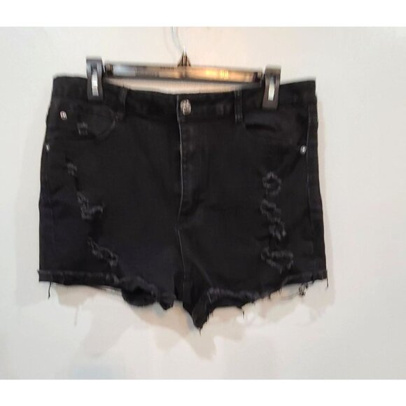 Gemma Finch Boutique Pants - Gemma Rae Shorts Women's Black Denim Size 15/32 Distressed High Waist Cut Off
